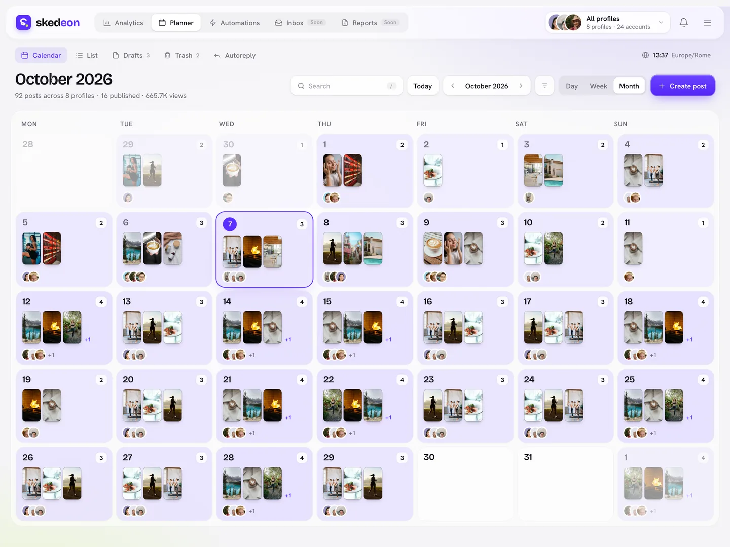 The Skedeon calendar with scheduled posts